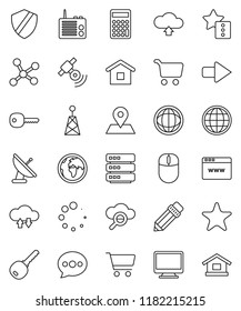 thin line vector icon set - pencil vector, world, cart, calculator, earth, map pin, antenna, satellitie, favorites, network, cloud glass, exchange, big data, browser, shield, message, arrow, upload