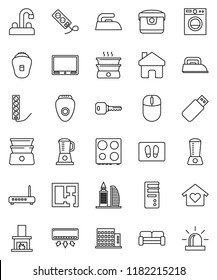 thin line vector icon set - welcome mat vector, iron, water tap, oven, double boiler, home, key, plan, apartments, office building, cushioned furniture, love, fireplace, washer, multi cooker, tv