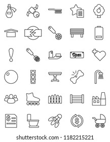 thin line vector icon set - fetlock vector, toilet, skimmer, exchange, annual report, fitball, roller Skates, shuttlecock, attention, satellite, traffic light, ship, wood box, dry cargo, group, bath
