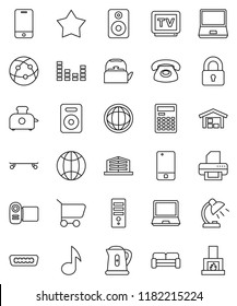 thin line vector icon set - kettle vector, table lamp, calculator, music, world, skateboard, equalizer, tv, internet, mobile phone, notebook pc, speaker, hdmi, globe, barn, office building, lock