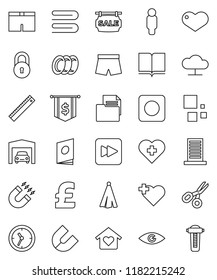 thin line vector icon set - towel vector, plates, book, ruler, magnet, scissors, man, dollar flag, pound, shorts, heart cross, clock, document, forward button, rec, eye, cloud network, loading, lock