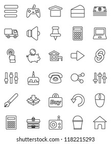 thin line vector icon set - bucket vector, cake, pen, university, calculator, notebook pc, piggy bank, dry cargo, radio, speaker, settings, touchscreen, social media, thumbtack, menu, arrow, undo