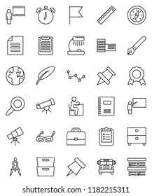 thin line vector icon set - copybook vector, pen, school building, blackboard, ruler, drawing compass, glasses, student, case, telescope, table lamp, alarm clock, clipboard, paper pin, medal, bus