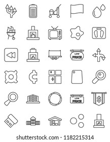 thin line vector icon set - cleaner trolley vector, splotch, shining window, cutting board, bbq, school building, flag, dollar, any currency, cent sign, scales, hoop, route, truck trailer, tv, share