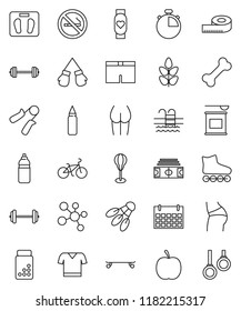 thin line vector icon set - diet vector, barbell, measuring, scales, stadium, stopwatch, pills vial, bike, hand trainer, punching bag, buttocks, boxing glove, shorts, t shirt, roller Skates, cereals