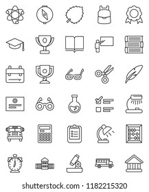 thin line vector icon set - book vector, graduate hat, pen, school building, blackboard, glasses, backpack, atom, microscope, table lamp, calculator, alarm clock, clipboard, compass, award cup, bus