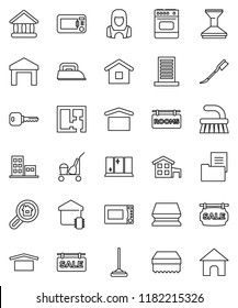 thin line vector icon set - cleaner trolley vector, fetlock, mop, sponge, car, shining window, woman, microwave oven, university, dry cargo, warehouse, key, cottage, plan, estate document, rooms