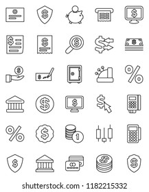 thin line vector icon set - certificate vector, bank, exchange, japanese candle, piggy, investment, coin stack, check, money search, dollar medal, shield, safe, monitor, cursor, receipt, credit card