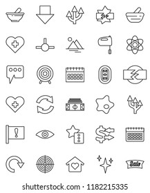 thin line vector icon set - shining vector, splotch, mixer, atom, exchange, arrow down, calendar, stadium, target, heart cross, attention, eye, mortar, connect, disconnection, favorites, message