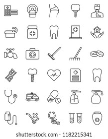 thin line vector icon set - rake vector, water tap, liquid soap, house hold, buttocks, pills, first aid kit, no trolley, heart pulse, vial, crutches, stethoscope, bottle, anamnesis, amkbulance car