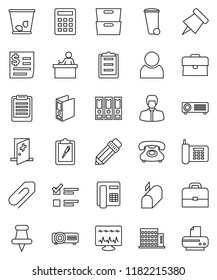 thin line vector icon set - trash bin vector, pencil, student, case, clipboard, paper pin, archive, exam, manager, binder, phone, receipt, thumbtack, diagnostic monitor, medical room, attachment