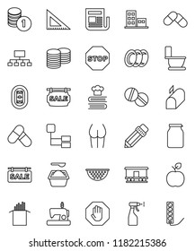 thin line vector icon set - toilet vector, washing powder, sprayer, plates, colander, cookbook, jar, pasta, pencil, corner ruler, apple fruit, coin stack, hierarchy, buttocks, pills, stadium, stop