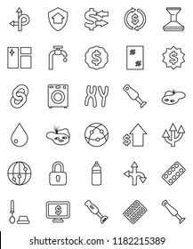 thin line vector icon set - water drop vector, car fetlock, window cleaning, toilet brush, blender, exchange, dollar growth, medal, monitor, bottle, route, internet, pills blister, chromosomes, pond