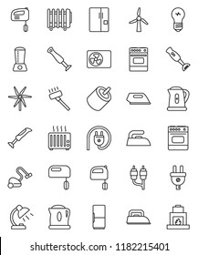 thin line vector icon set - vacuum cleaner vector, iron, kettle, mixer, oven, blender, table lamp, rca, windmill, ari condition, fridge, power plug, heater, bulb, fireplace
