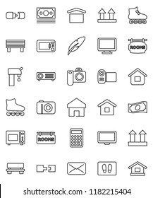 thin line vector icon set - welcome mat vector, microwave oven, pen, cash, calculator, roller Skates, money, dry cargo, top sign, monitor, mail, home, bench, connection, water supply, camera, video