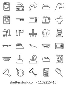 thin line vector icon set - scraper vector, water tap, vacuum cleaner, fetlock, scoop, iron, steaming, drying clothes, washer, sink, pan, kettle, colander, grater, microwave oven, dishwasher