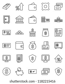 thin line vector icon set - school building vector, bank, gold ingot, credit card, wallet, percent growth, money bag, piggy, check, dollar medal, shield, safe, monitor, any currency, receipt, reader