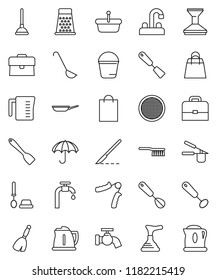 thin line vector icon set - plunger vector, broom, fetlock, bucket, water tap, car, toilet brush, pan, kettle, measuring cup, cook press, whisk, spatula, ladle, grater, sieve, case, hand trainer