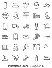 thin line vector icon set - vacuum cleaner vector, fetlock, car, window cleaning, iron, agent, shining, woman, phone 24, delivery, cargo search, mobile, hospital building, amkbulance, doctor, hour