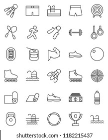 thin line vector icon set - award cup vector, barbell, stadium, weight, jump rope, hand trainer, fitball, muscule, snickers, shorts, roller Skates, target, sports nutrition, water bottle, pool, hoop