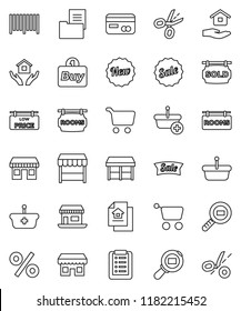 thin line vector icon set - house hold vector, cart, office, cargo search, estate document, rooms signboard, sold, low price, credit card, sale, new, percent, market, store, buy, barcode, basket