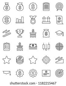 thin line vector icon set - graduate hat vector, clipboard, award cup, certificate, graph, japanese candle, money bag, bank building, target, dollar medal, stairways run, top sign, favorites, coin