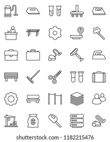 thin line vector icon set - scraper vector, vacuum cleaner, rake, iron, student, case, horizontal bar, big scales, group, vial, scissors, data, gear, bench, construction crane, money bag