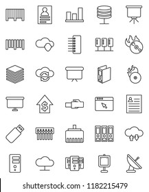 thin line vector icon set - presentation vector, personal information, graph, dollar growth, binder, board, barcode, music hit, server, network, cloud, shield, exchange, big data, browser, hub, usb