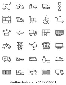 thin line vector icon set - school bus vector, Railway carriage, plane, traffic light, ship, truck trailer, sea container, delivery, car, port, consolidated cargo, disabled, amkbulance, garage