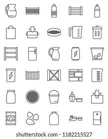 thin line vector icon set - bucket vector, trash bin, garbage pile, measuring cup, jug, sieve, jar, enegry drink, water bottle, sea container, port, wood box, consolidated cargo, package, oil barrel
