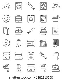 thin line vector icon set - washer vector, washing powder, mixer, double boiler, blender, tomography, gear, construction crane, card reader, dishwasher, coffee maker, meat grinder, sewing machine