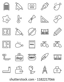 thin line vector icon set - water tap vector, splotch, welcome mat, washboard, rolling pin, thermometer, chicken leg, pen, pencil, corner ruler, drawing compass, Railway carriage, tulip, big scales
