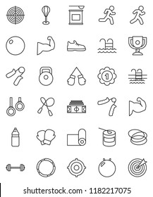 thin line vector icon set - award cup vector, target, barbell, stadium, weight, jump rope, hand trainer, punching bag, fitball, muscule, snickers, boxing glove, medal, sports nutrition, water bottle