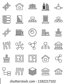 thin line vector icon set - molecule vector, bank, building, hierarchy, dna, chromosomes, ovule, connect, big data, plan, apartments, office, home