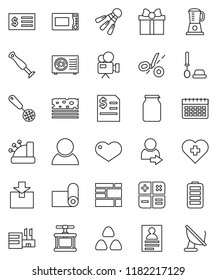 thin line vector icon set - toilet brush vector, cook press, skimmer, microwave oven, jar, cereal, personal information, annual report, receipt, calendar, fitness mat, breads, shuttlecock, package