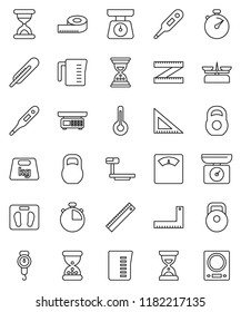 thin line vector icon set - measuring cup vector, scales, corner ruler, sand clock, stopwatch, weight, big, thermometer, store, kitchen