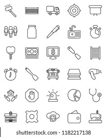 thin line vector icon set - vacuum cleaner vector, sponge, washboard, house hold, sink, cook timer, spatula, jar, university, pen, alarm clock, school bus, pie graph, target, man, presentation board
