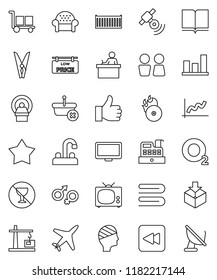 thin line vector icon set - clothespin vector, towel, water closet, tap, book, student, graph, no alcohol sign, oxygen, plane, sea container, cargo, package, music hit, satellitie, monitor, gender