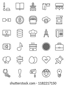 thin line vector icon set - drying clothes vector, toilet brush, cook hat, sieve, egg, book, drawing compass, case, paper pin, music, dollar coin, bank building, boxing glove, sports nutrition, bulb