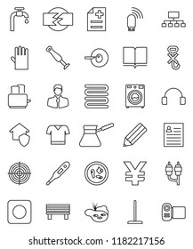 thin line vector icon set - mop vector, washer, rubber glove, towel, turk coffee, toaster, book, pencil, personal information, hierarchy, yen sign, t shirt, target, client, no hook, headphones, rca