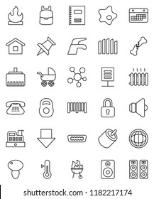 thin line vector icon set - water tap vector, splotch, thermometer, bbq, mushroom, copybook, backpack, world, arrow down, weight, calendar, flammable, barcode, speaker, classic phone, social media