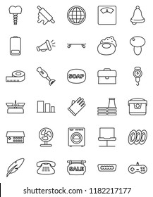 thin line vector icon set - soap vector, rubber glove, scales, rolling pin, blender, plates, mushroom, pen, bell, case, measuring, skateboard, sorting, classic phone, battery, hdmi, tooth implant