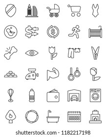thin line vector icon set - clothespin vector, bath, drying clothes, exchange, wallet, calendar, gold ingot, punching bag, muscule hand, swimsuite, water bottle, hoop, gymnast rings, run, tulip, eye