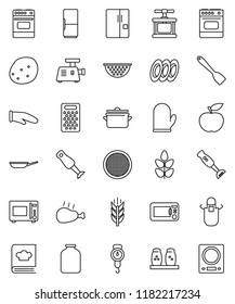 thin line vector icon set - pan vector, colander, scales, apron, cook glove, press, spatula, grater, microwave oven, cookbook, spices, blender, plates, sieve, jar, potato, chicken leg, diet, cereals