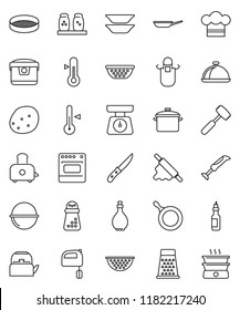 thin line vector icon set - pan vector, camping cauldron, kettle, oil, colander, scales, cook hat, apron, knife, rolling pin, meat hammer, hand mill, grater, mixer, toaster, spices, thermometer