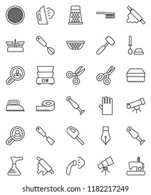 thin line vector icon set - plunger vector, fetlock, sponge, steaming, toilet brush, rubber glove, colander, whisk, spatula, rolling pin, meat hammer, grater, double boiler, blender, sieve, pen