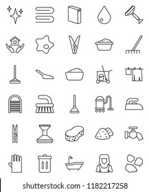 thin line vector icon set - plunger vector, scraper, cleaner trolley, vacuum, fetlock, mop, rake, scoop, clothespin, sponge, towel, trash bin, water drop, tap, car, shining, splotch, iron, bath