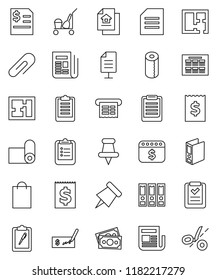 thin line vector icon set - cleaner trolley vector, toilet paper, schedule, clipboard, pin, document, check, annual report, receipt, binder, dollar calendar, fitness mat, money, newspaper, thumbtack