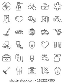 thin line vector icon set - rake vector, water tap, liquid soap, buttocks, pills, heart monitor, first aid kit, no trolley, doctor bag, ambulance star, vial, patch, stethoscope, amkbulance car