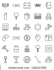 thin line vector icon set - scraper vector, vacuum cleaner, window cleaning, agent, plates, woman, cook timer, ladle, cookbook, jug, backpack, exchange, punching bag, calendar, glass, internet, pin